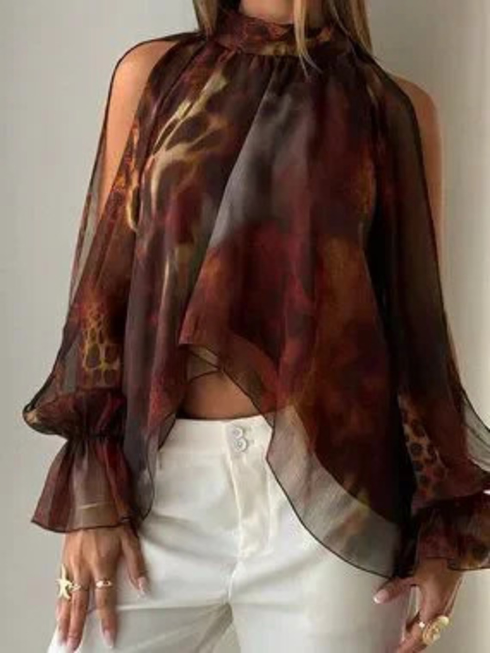 Multicolor Casual Women's Stand Collar Tie Long Sleeve Flared Printed Blouse